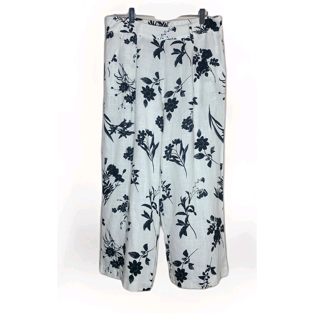Haver & Blair Wide Leg Crop Floral Pants Womens M Black White Rayon Linen Blend